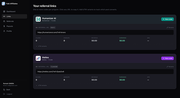 Dashboard interface for managing Yuki affiliates is displayed, showing search, filters, and affiliate details.