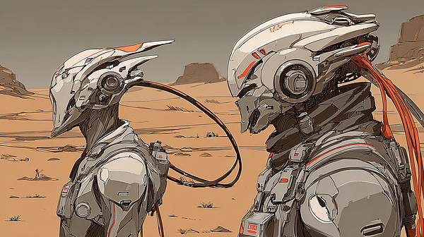 Two futuristic humanoid figures stand in a barren landscape, showcasing advanced robotic features.