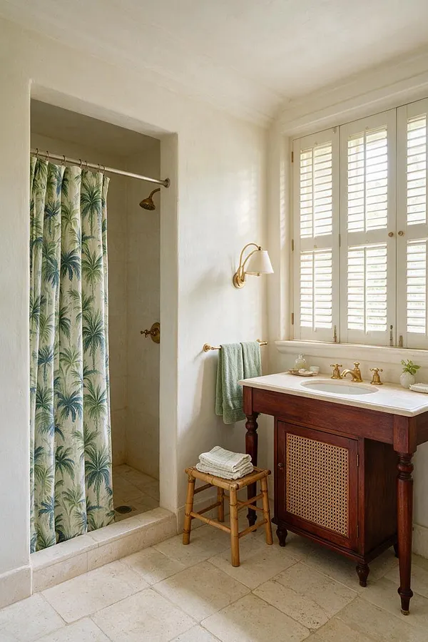 A bright tropical master bathroom with a palm-print shower curtain in a recessed shower, a dark wood vanity with a white countertop, brass fixtures, and cream stone tile flooring. White plantation shutters filter soft daylight over the sink area, and a small bamboo stool with folded towels adds a relaxed, resort-like touch.