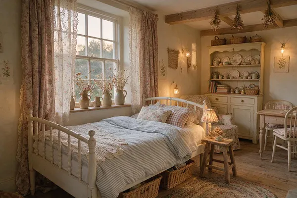 A warm cottagecore master bedroom with a painted white spindle bed dressed in striped bedding and lace details, floral curtains framing a large window, and dried flowers in pitchers on the sill. The room includes a cream hutch filled with dishes, rustic wood beams, wicker baskets, a small wooden side table with a lamp, and soft neutral walls with vintage decor.