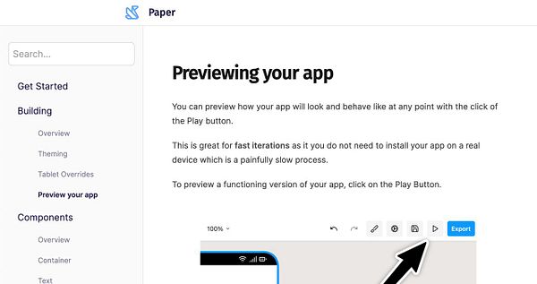 The image displays a user interface for a documentation page titled 'Previewing your app'.