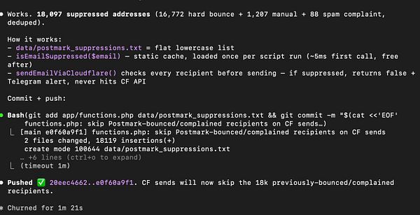 Screenshot of a Notion database illustrating an import of bounced emails from Postmark into the #nomads database to prevent re-emailing via Cloudflare Email.