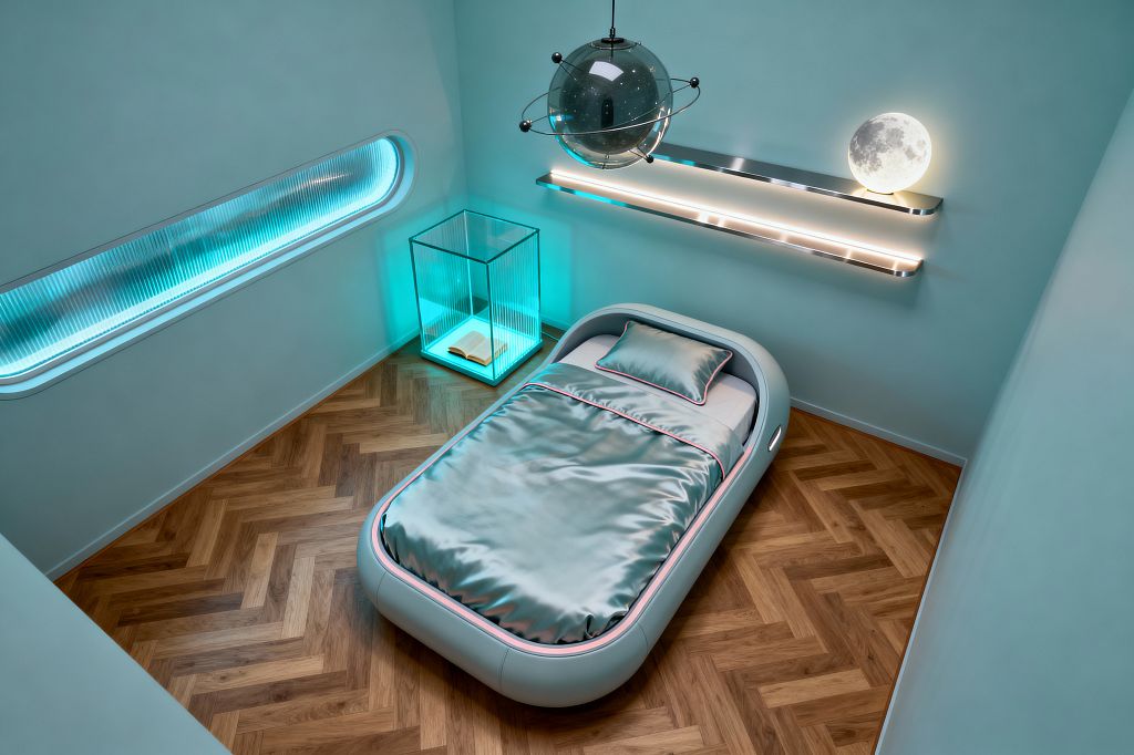 A compact kids' bedroom with soft aqua walls features a rounded pod-style single bed dressed in metallic aqua satin with pink piping on warm herringbone wood floors. Overhead hangs a smoked-glass planet pendant; a floating chrome shelf with LED strips and a glowing moon lamp lines one wall, while a backlit ribbed window and a cyan-lit glass cube side table add futuristic highlights in a tidy, space-themed setting.
