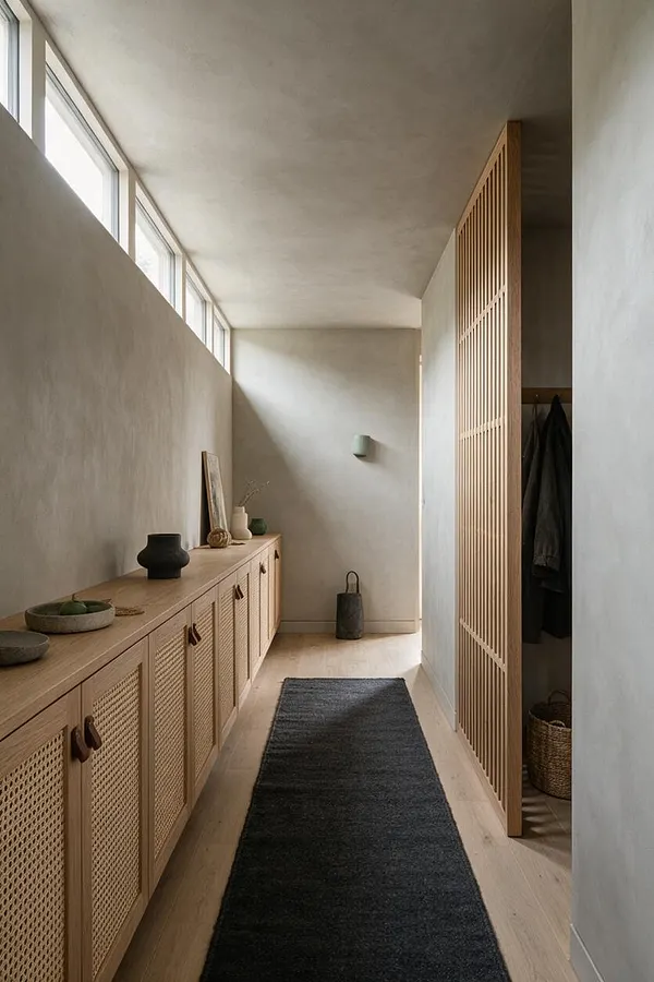 A narrow Japandi-style entryway with pale plaster walls, a long row of light wood cabinets with cane-front doors, and a dark runner rug on a light wood floor. Slatted wood closet doors line one side, while soft daylight enters from high windows along the left wall.