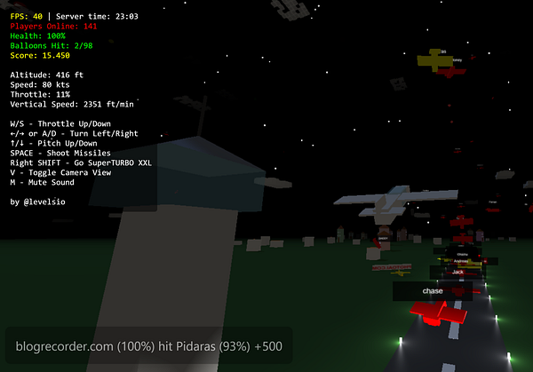 The image displays a gaming interface featuring an aerial view of a virtual environment with various aircraft and gameplay statistics.