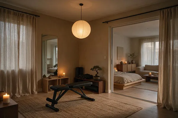 A serene home gym with a black adjustable workout bench on a woven jute rug, beige walls, and sheer curtains filtering warm light. A paper lantern pendant, wooden shelves, candles, and a small bonsai-like plant add Japandi warmth, while an open doorway reveals a peaceful bedroom beyond.