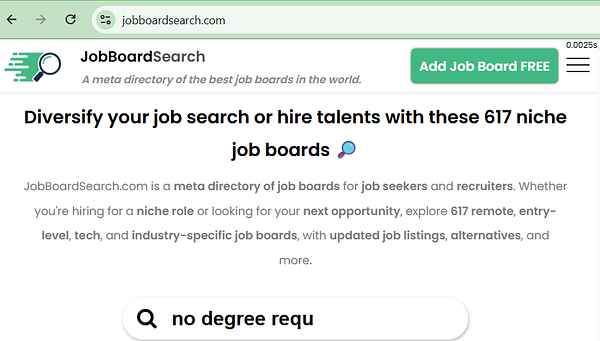 The image displays a webpage for JobBoardSearch, a directory of job boards.