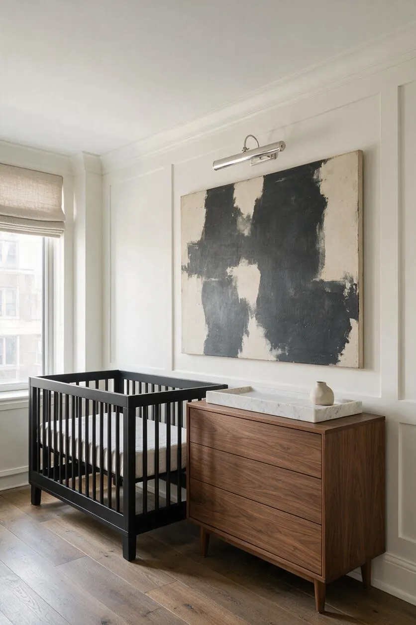 A transitional nursery with a black slatted crib beside a walnut dresser topped with a marble tray. The room has white paneled walls, a large abstract painting, a linen Roman shade, and warm wood flooring.