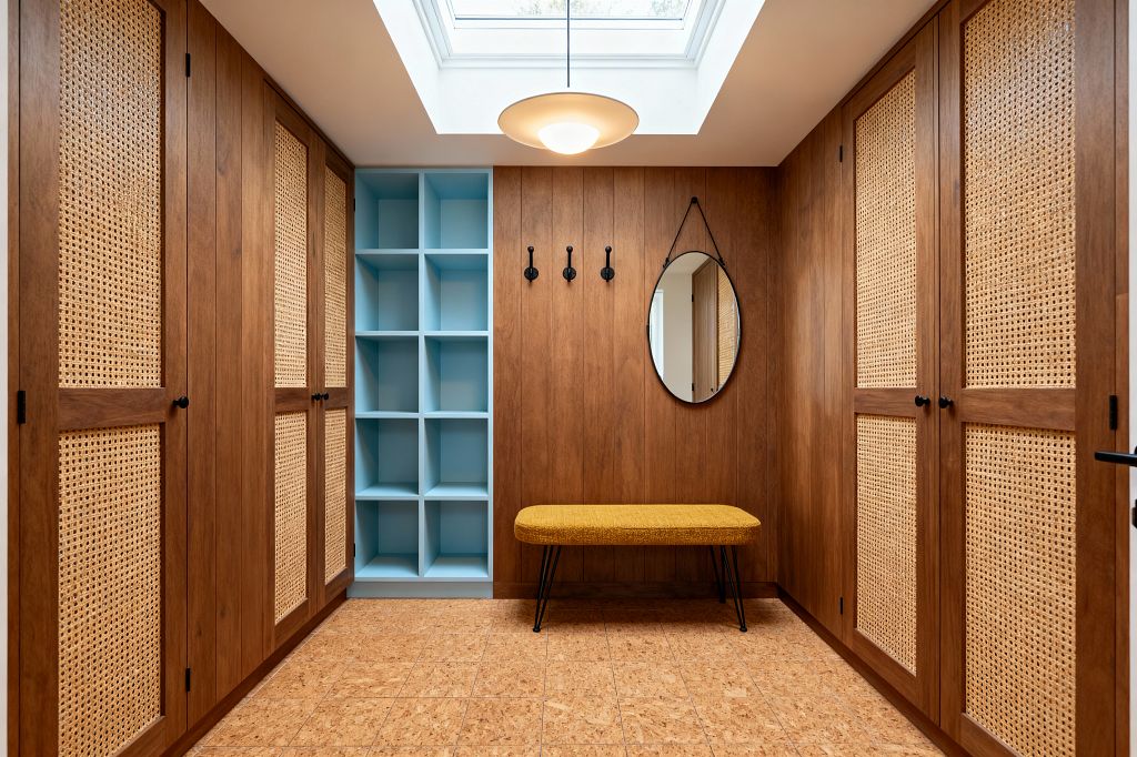 A Mid-Century Modern mudroom with walnut-paneled walls and cane-front closets on both sides, centered by a wall with light blue open cubbies, three matte black hooks, and a round strap-hung mirror. A mustard upholstered bench with black hairpin legs sits below the hooks, cork tile covers the floor, and a large skylight with a saucer pendant floods the space with soft daylight, creating a tidy, symmetrical entry for organized storage.