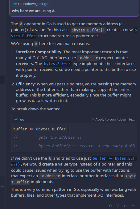 The image displays a code snippet and explanation related to the Go programming language, focusing on the use of pointers with the bytes.Buffer type.