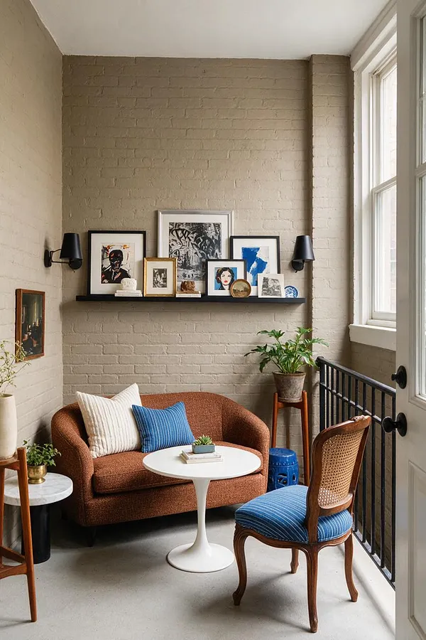 A compact front porch styled like a small lounge, with painted brick walls, a rust-colored sofa, a cane-back chair with blue striped upholstery, and a white round pedestal table. Framed artwork and a black floating shelf decorate the wall, while large windows bring in natural light.