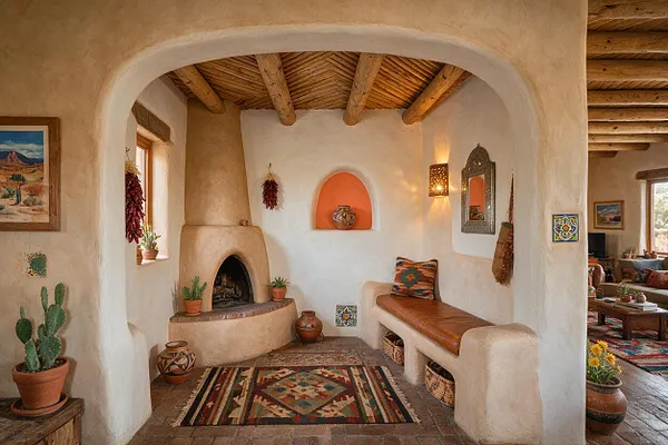 A Southwestern entryway with smooth plaster walls, a rounded adobe-style arch, exposed wood ceiling beams, and a kiva fireplace on the left. The space includes a built-in leather bench, patterned textiles, terracotta pots, framed art, and warm natural light.