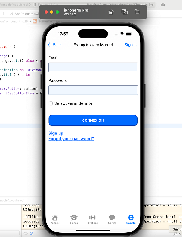 The image displays a sign-in interface for a mobile application titled 'Français avec Marcel'.