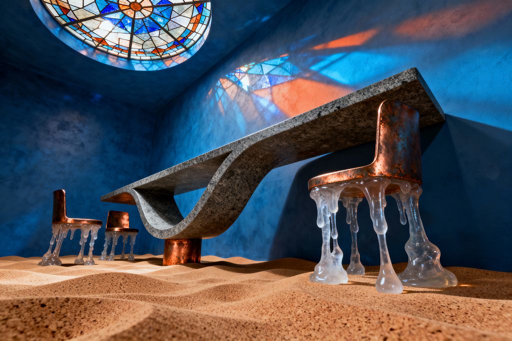 A surreal dining room features saturated blue plaster walls and a round stained-glass skylight that casts blue and orange patterns across the room. A long sculptural gray stone table with a curved underside and copper pedestal is paired with two copper-clad chairs whose translucent, dripped-resin legs appear to melt into a rippled, sand-like floor, creating a dreamlike scene lit by colored daylight.