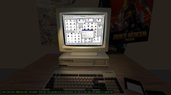 A retro computer setup featuring a monitor displaying a desktop interface with various icons and a classic keyboard.