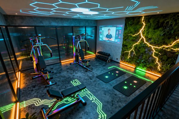A futuristic home gym features iridescent multi-gym machines and a bench on a gray microcement floor with glowing circuit graphics. Blue hexagonal LEDs pattern the ceiling while warm amber strips outline the room. One wall is a living moss-and-stone surface threaded with lightning-like light; opposite are ribbed glass partitions. A black dumbbell rack, two perforated training mats outlined in green, and a projected fitness interface on a concrete wall complete the high-tech setting.