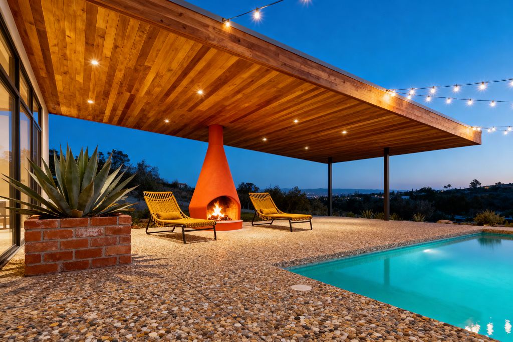 Evening view of a Mid-Century Modern patio with a wide cedar-clad flat roof supported by slim black steel posts and dotted with recessed lights and festoon string bulbs. A bright orange conical stucco chiminea burns beside two mustard woven lounge chairs on exposed-aggregate concrete, adjacent to a rectangular pool with turquoise water; a red brick planter holds an agave near floor-to-ceiling glass doors, with low desert landscaping and a deep blue sky beyond.