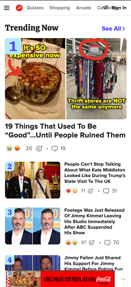 The image displays a mobile interface showcasing trending articles with engaging visuals and text.