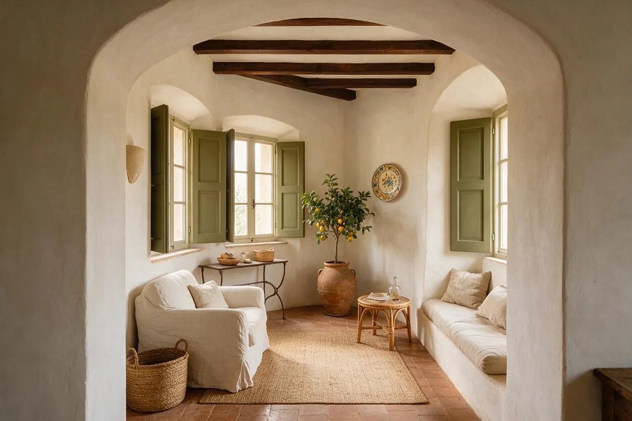 A cozy Mediterranean-style sunroom with white plaster walls, arched openings, and exposed dark wood ceiling beams. Cream upholstered seating, olive-green shutters, terracotta tile flooring, woven baskets, and a potted citrus tree create a warm, sunlit retreat.