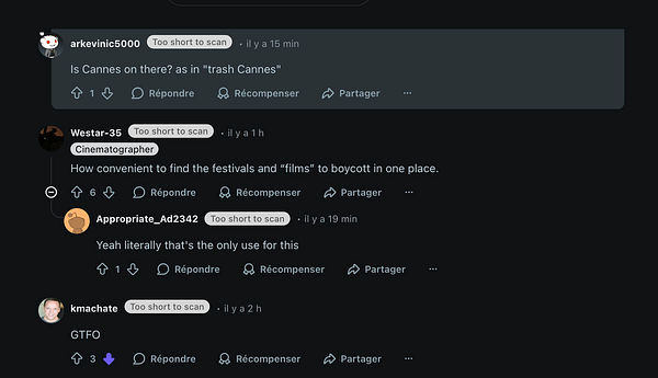 A Reddit post from r/filmmaking discussing the potential and concerns of using AI to create movie scripts.