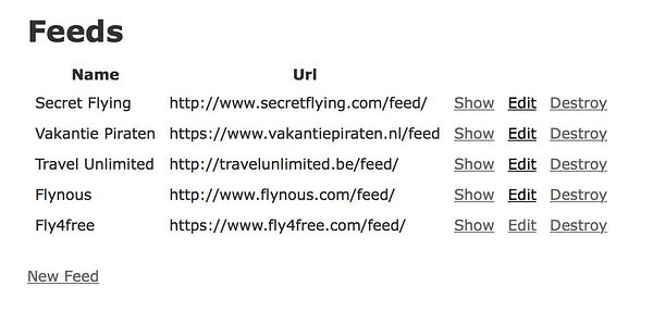 The image lists various RSS feed URLs with options to Show, Edit, or Destroy each one.