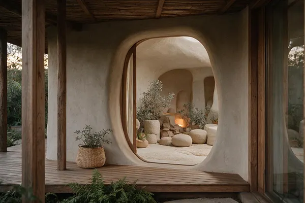 A serene exterior porch with a curving plaster opening framed by timber posts and a woven ceiling. Inside, rounded stone-like seating, potted greenery, and soft warm lighting create a calm biophilic retreat in beige and natural wood tones.