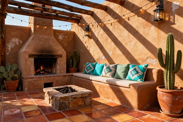 A Southwestern patio with sun-washed adobe stucco walls and a rustic log pergola casting striped shadows over terracotta tiles. A built-in stucco bench with a neutral cushion is lined with turquoise and cream geometric pillows beside a stucco fireplace and a low stacked-stone fire pit, while clay pots with cacti, black metal lantern sconces, and string lights provide warmth and evening glow.