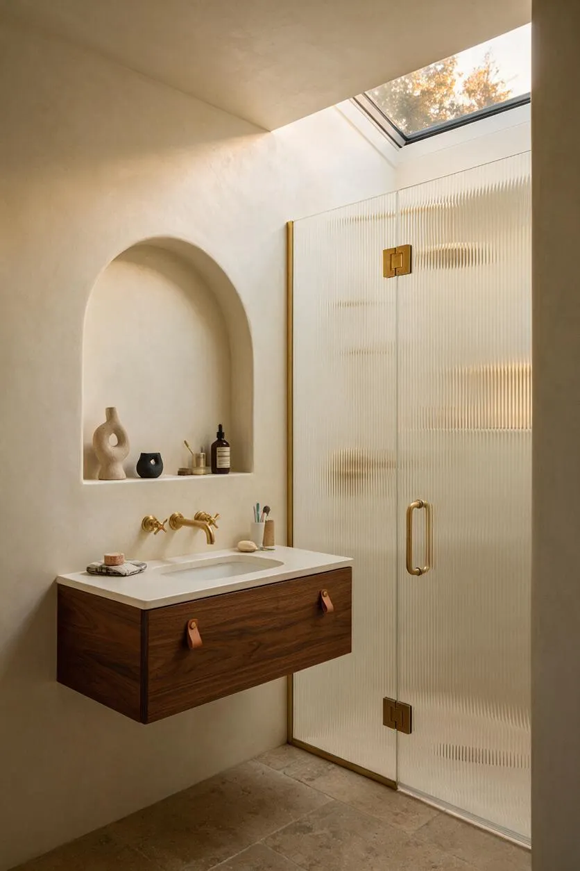 A modern master bathroom with a floating walnut vanity, white integrated sink, and brass faucet set beneath an arched wall niche. A textured glass shower enclosure with brass hardware stands beside the vanity, while a skylight overhead brings in soft natural light.