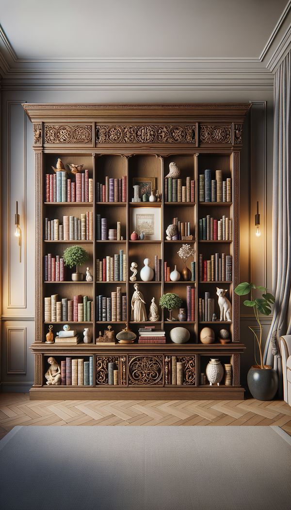 A well-designed bookcase filled with an assortment of books and decorative items, set against a neutral wall in a living room.
