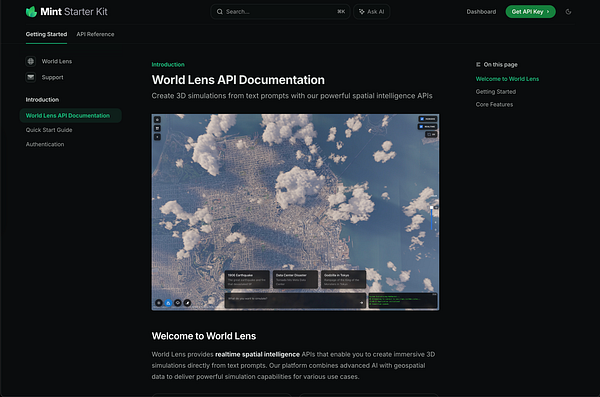 The image displays the documentation interface for the World Lens API, showcasing a 3D simulation of a cityscape.