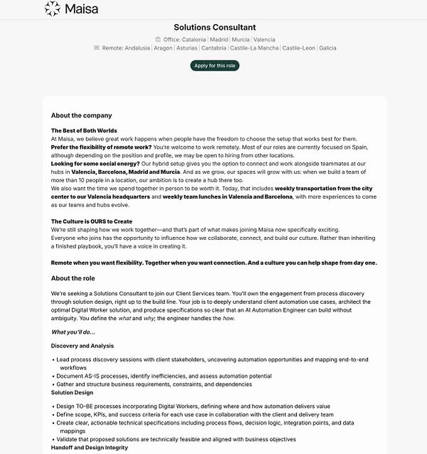 Job listing for a Solutions Consultant position at Maisa, detailing company culture, remote work flexibility, office locations, and role responsibilities.