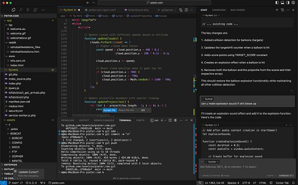 The image displays a coding environment with a focus on a JavaScript file related to a game project.