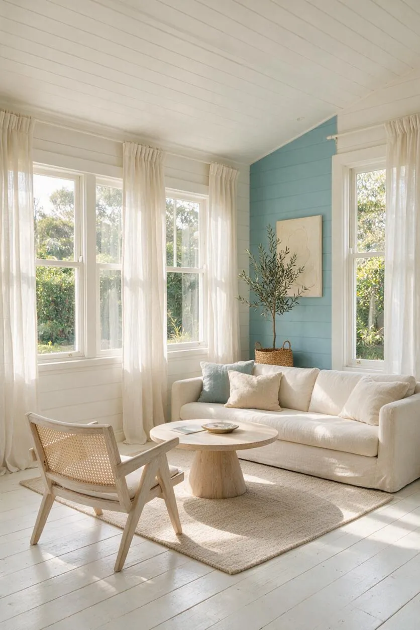 A bright coastal sunroom with white shiplap walls and ceiling, sheer cream curtains, and large windows bringing in natural light. The room includes a cream sofa with soft pillows, a woven accent chair, a round pedestal coffee table, a textured area rug, and a blue painted accent wall with simple artwork and a potted tree.