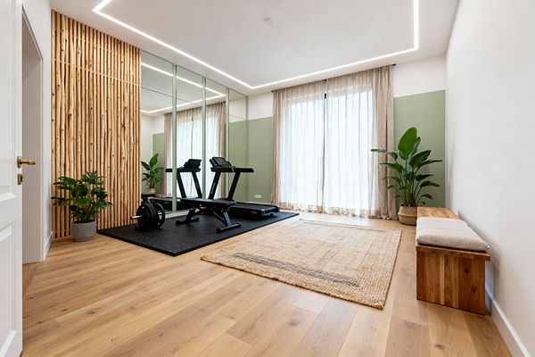 A bright Scandinavian-style home gym with warm oak plank flooring features a raised black rubber platform holding a treadmill and a flat bench, backed by full-height mirror panels. A natural wood slat wall adds texture, a sage green paint band and sheer beige linen curtains soften light from a large window, and LED cove lighting, a jute rug, a solid-wood bench with cushion, and potted plants complete the calm, minimalist space.