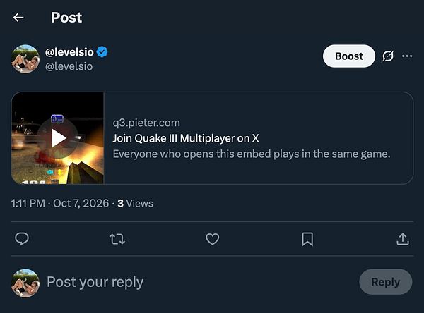 A social media post by user @levelsio promoting an embed link for Quake III Multiplayer on X platform.
