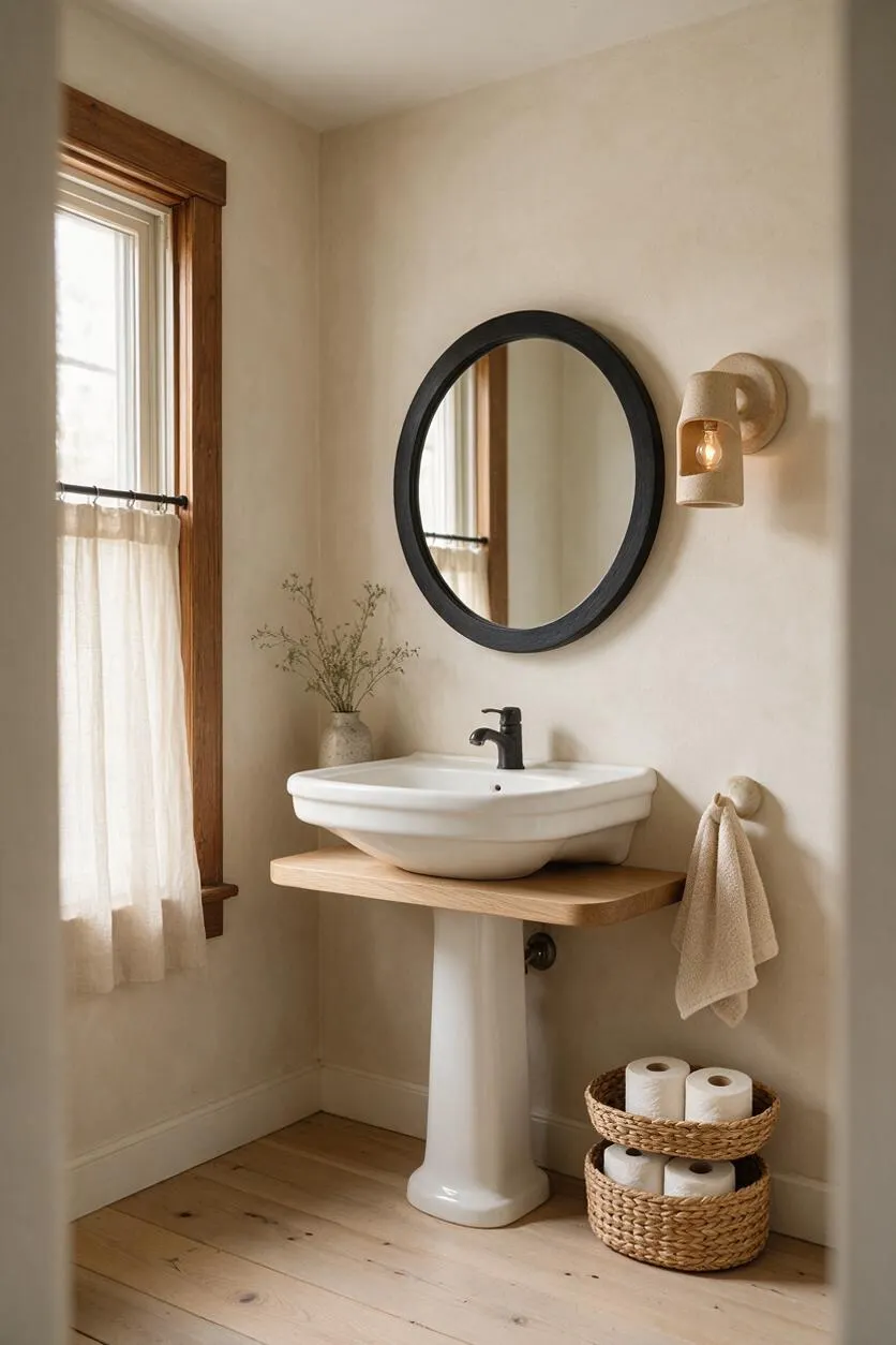 A calm powder room with a white pedestal sink, light wood shelf, and round black-framed mirror on soft beige walls. A small window with sheer curtains, woven baskets, and a warm wall sconce add natural texture and a Japandi feel.