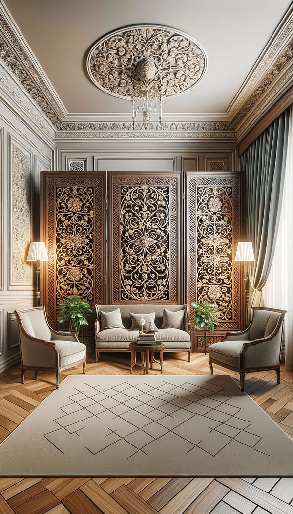 A detailed wooden fretwork panel with intricate floral patterns, installed as a room divider in an elegantly furnished living room.