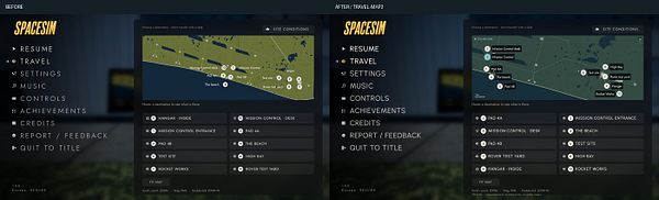 Side-by-side comparison of a video game menu screen before and after menu navigation improvements, showing a more organized map and destination list layout.