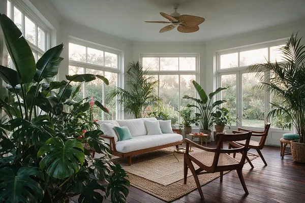 A bright sunroom with large wraparound windows, dark wood floors, and many lush tropical plants surrounding a white sofa. Two wooden lounge chairs with woven seats sit on a natural jute rug, and a ceiling fan with leaf-shaped blades hangs overhead.