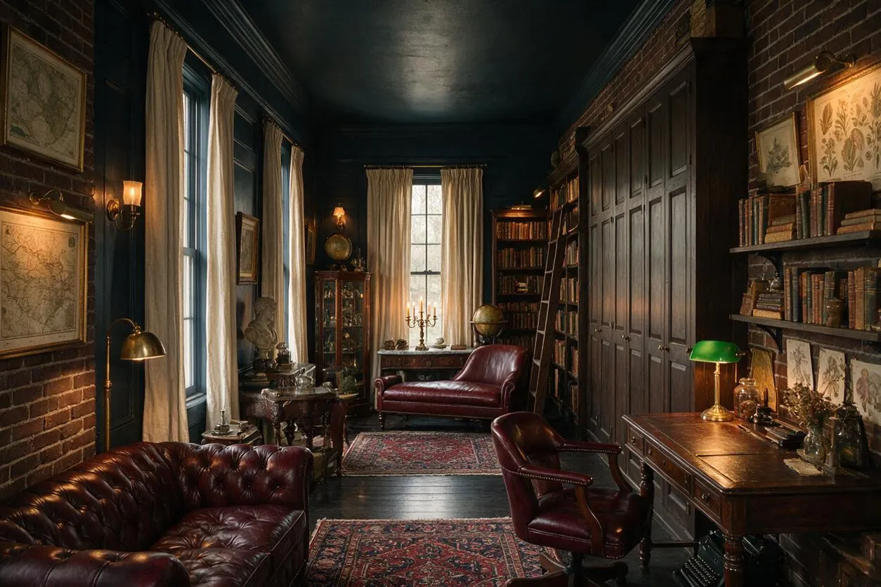 A dimly lit front porch styled like a dark academia study, with brick walls, dark painted trim, leather seating, Persian-style rugs, wall maps, bookshelves, and warm brass lamps. Tall curtains frame the windows, creating a scholarly, vintage atmosphere.