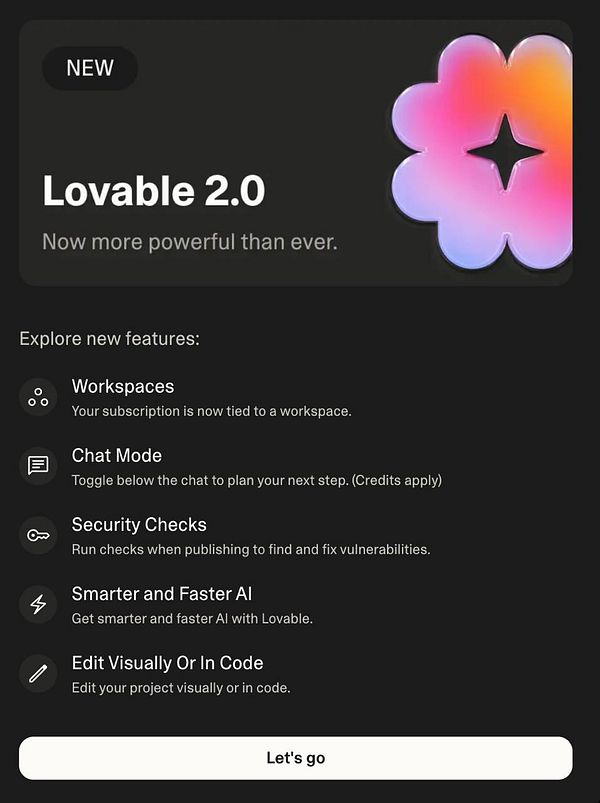 The image presents a promotional interface for Lovable 2.0, highlighting its new features.