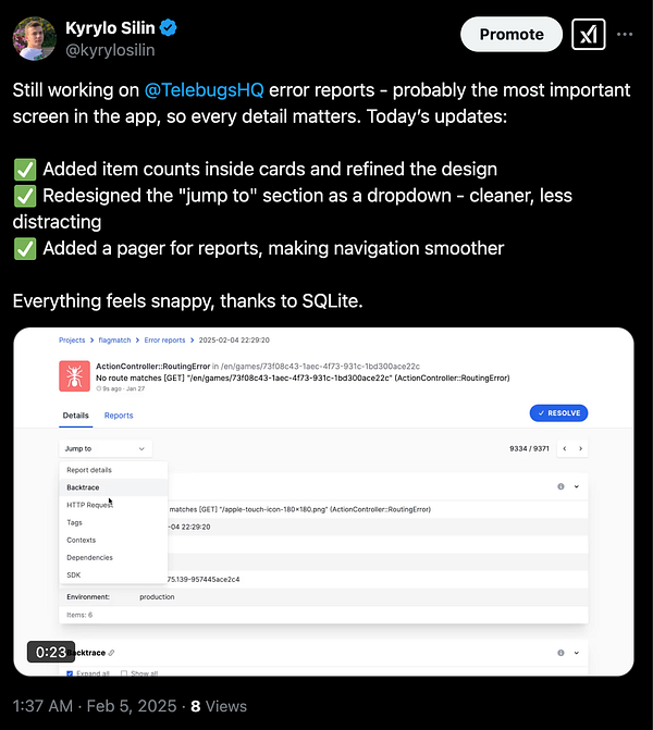 A screenshot of an error report interface for TelebugsHQ, showcasing recent updates and design improvements.