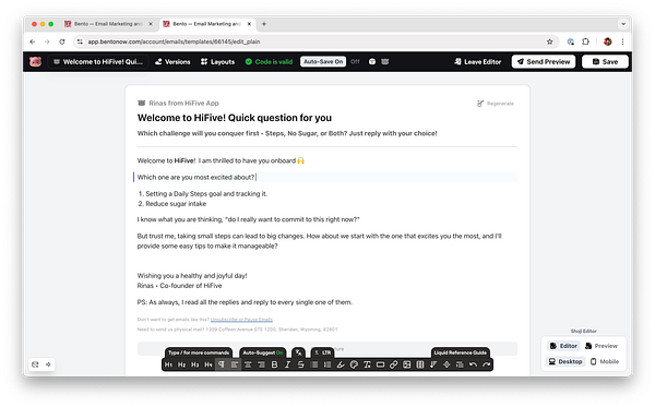 The image displays an email template editor for a welcome email from the HiFive app.