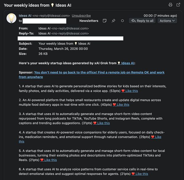 Screenshot of an email newsletter from Ideas AI titled 'Rare Words in the English Language'.