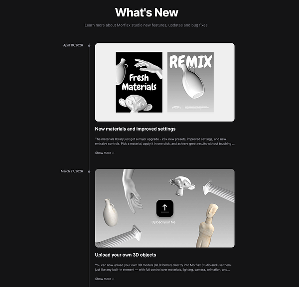 Screenshot of the MorflaxStudio GitHub releases changelog page highlighting recent software updates.