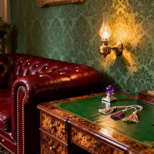 A Victorian-style living room vignette shows a deep red tufted leather Chesterfield sofa with brass studs against green damask wallpaper. A brass wall sconce with a glass chimney casts warm light over an antique burr-walnut desk fitted with a green tooled leather writing surface and brass knobs. On the desk rest silk tassels and a small purple crystal paperweight, with the palette of oxblood, emerald, gold, and rich wood giving a moody, opulent feel.