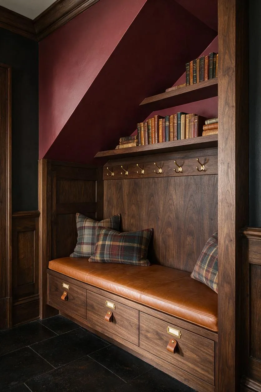 A dark academia mudroom features a built-in walnut bench with a caramel leather cushion, plaid throw pillows, and three drawer fronts below. Above the seat, brass hooks line a wood panel beneath two floating shelves filled with old books, all set against burgundy and dark green walls with black floor tiles.