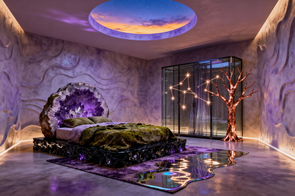 A surreal bedroom features a bed framed by a giant amethyst geode on a black crystal-like platform, with moss-green bedding and a purple rug on polished concrete, while lavender plaster walls ripple with LED uplighting and a round ceiling dome displays a dusk sky with stars. A glass wardrobe glows with constellation lights and a copper tree lamp stands beside a puddle-shaped mirrored surface that casts shimmering reflections.