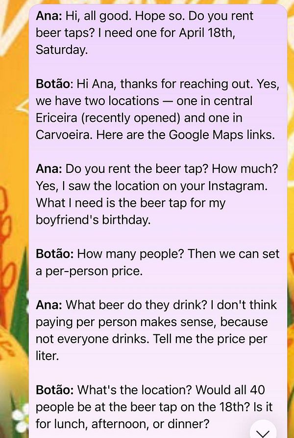 Photograph of a beer tap dispenser setup with an attached label, against a concrete wall.