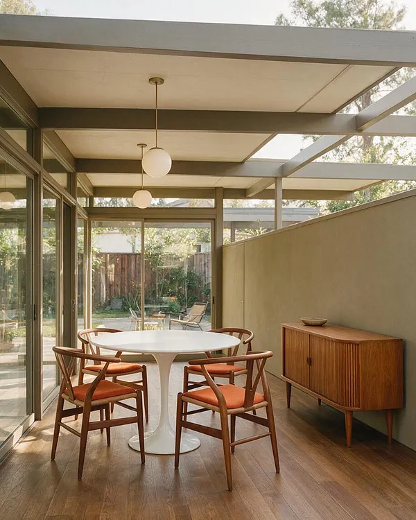 A covered backyard patio features a round white pedestal table surrounded by four walnut dining chairs with orange cushions. Glass walls open to a landscaped yard, while a slatted wood side cabinet and exposed beams reinforce the mid-century modern look.